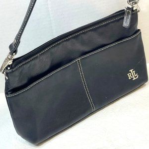 Ralph Lauren Black Soft Leather Handbag Clutch Detachable Strap  10"x1.5"x6"